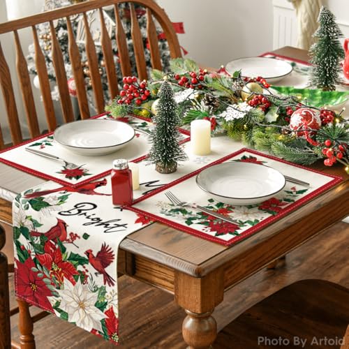 Artoid Mode 12x18 Inch Christmas Placemat Set of 8 Beige & Red Leaves Poinsettia Seasonal Table Decor