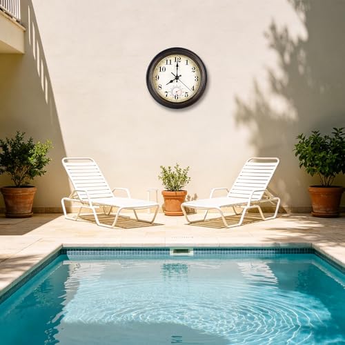 8-Inch Waterproof Outdoor Wall Clock with Thermometer, Bronze Finish