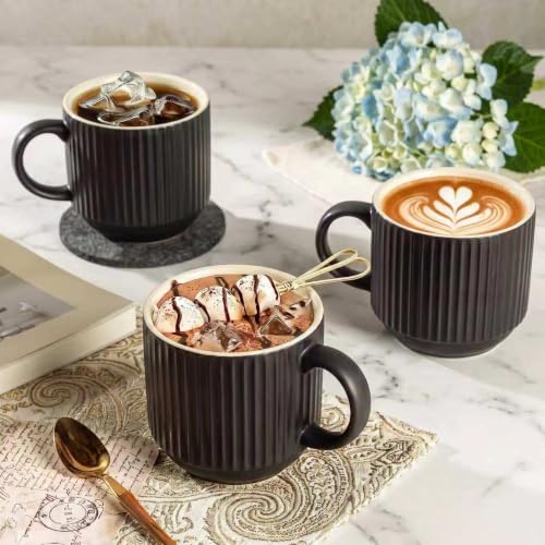 HASENSE Matte Black 15oz Ceramic Coffee Mug Set of 4 with Metal Stand