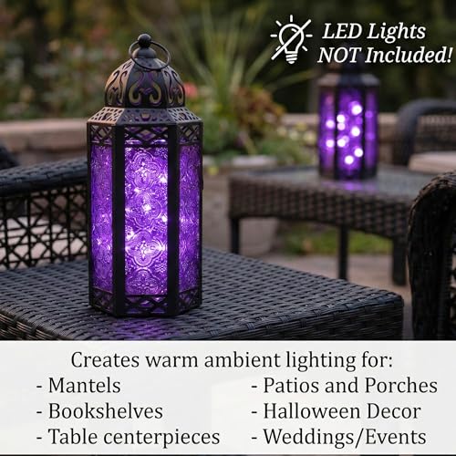Moroccan Gothic Candle Holder Lantern - Purple Iron, 10.5" Tall
