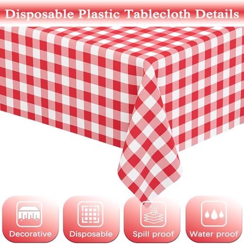 Red Gingham Disposable Tablecloth 2-Pack - 54 x 108 In Rectangular Table Cover