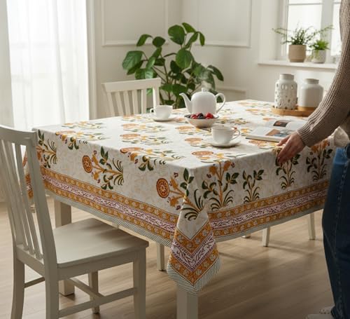 White Orange Squash Floral Hand Block Cotton Fall Tablecloth 90x60 Inches