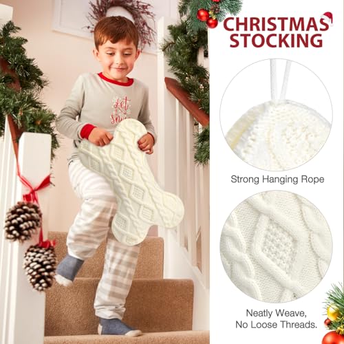 Hommtina Bone-Shaped Christmas Dog Stocking - White Knit Holiday Pet Decor