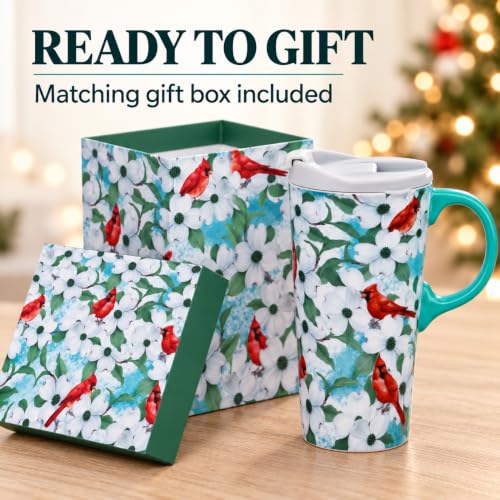 Topadorn 17oz Cardinal Dogwood Mug with Teal Handle & Lid - Redbird & Flower