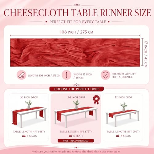 GRYSERIN 2-Pack Red Cheesecloth Table Runner 17x108in | Gauze Linen Strap Wedding Rustic