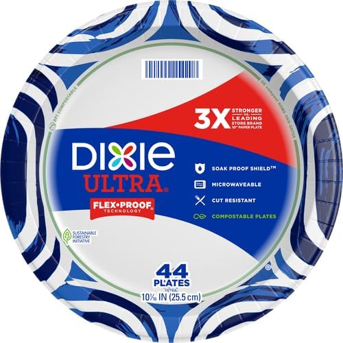 Dixie Paper Plates - Heavy Duty 10 Inch, 44 Count | 3X Stronger, Microwave-Safe & Soak-Proof