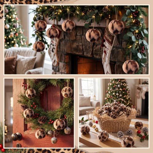 Leopard Print Faux Fur Christmas Ornaments - 12 Pack, 2.3 Inch Holiday Tree Decorations