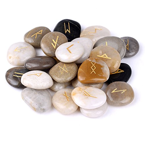 25-Piece Natural Rune Stone Set with Engraved Elder Futhark Symbols