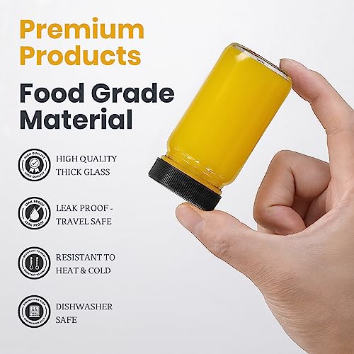 LANDNEOO 9 Pack 2oz Glass Shot Bottles with Black Lids & Labels – Travel-Friendly, Leakproof, Reusable Small Jars