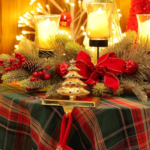 Amooca Christmas Stocking Hangers with Tree Decor, Non-Slip Metal Hooks, Gold, 1 Pack