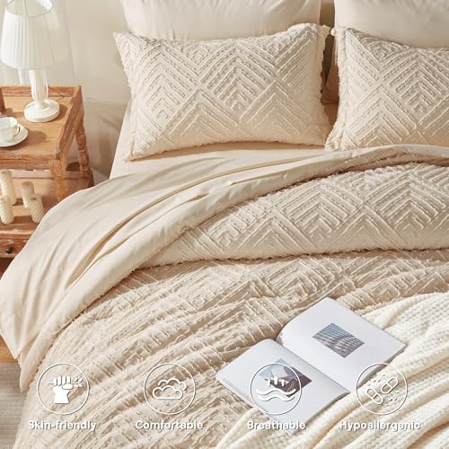 Boho Tufted Queen Comforter Set - 7-Piece Beige All-Season Bed in a Bag