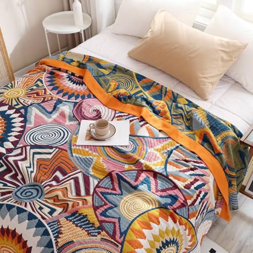 Boho Cotton Throw Blanket 50x60, Ultra Soft Woven Muslin Vintage Quilt