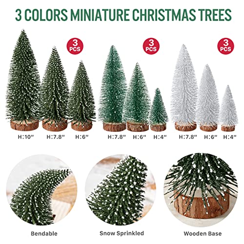 Mini Christmas Trees Set of 9 - Frosted Bottle Brush Tabletop Decor