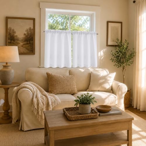 White Faux Linen Tier Curtains 36 Inch - Light Filtering Cafe Curtains, 2 Panels