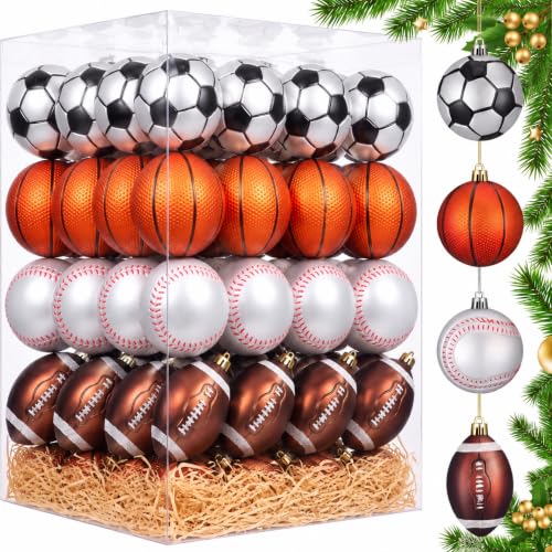Syhood 64 Pcs Christmas Ball Ornaments with Hanging Loop – Football, Basketball, Rugby & Baseball Shapes