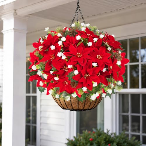Waipfaru 9-Pack Poinsettias Flowers - 14'' Red Velvet Faux Christmas Bushes for Outdoors