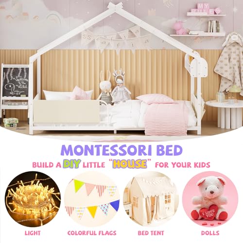 Twin Size Montessori House Bed Frame with Storage Shelf and Guardrails