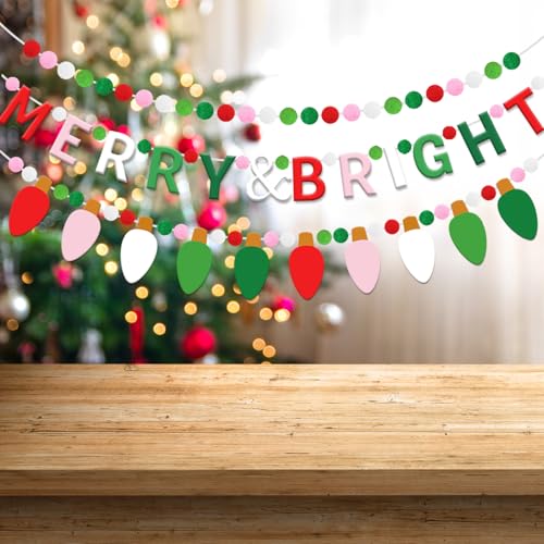3-Piece Christmas Felt Garland Set with Pompoms, Lights & 'Merry & Bright' Banner