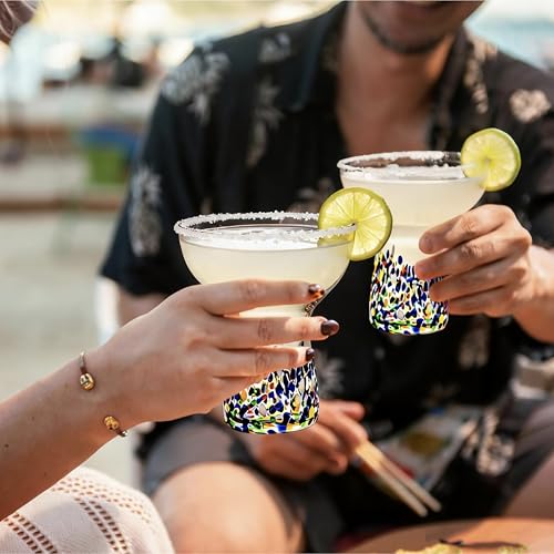 Seicasaya Blue Hand Blown Confetti Margarita Glasses Set of 4, 6 Oz Colorful Cocktail Glassware