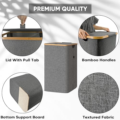 Large Laundry Hamper with Lid and Bamboo Handles, 100L Tall Laundry Basket