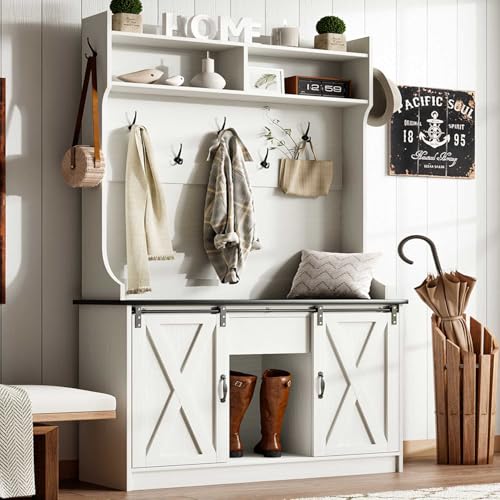 Farmhouse Hall Tree with Shoe Storage Bench and Sliding Barn Door Cabinet