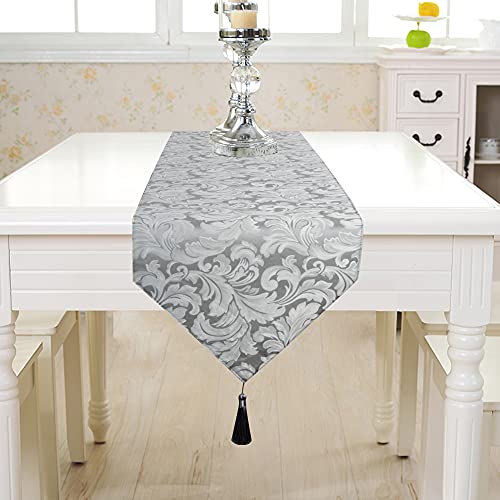 EHouseHome Silver Grey Reversible Jacquard Damask Table Runner with Tassels 13x72in - Water & Wrinkle Resistant