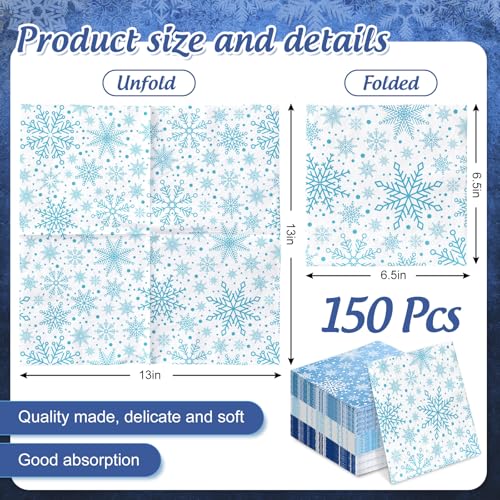Whaline 150 Pcs Winter Snowflake Napkins — Christmas Blue & White Disposable Dinner & Cocktail Napkins