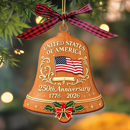 ERYRYIREI Brown Wooden American Flag Bell Ornament 3.9 Inch - 250th Anniversary USA Decor