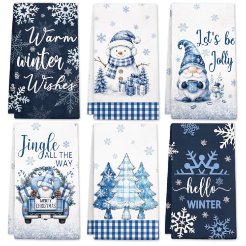 HEIFAM 6-Piece Christmas Kitchen Towels Set White Snowman Blue Plaid 26x17