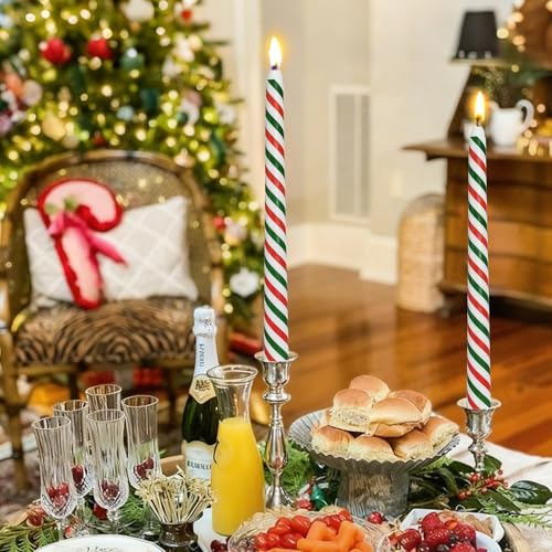 Christmas Printed Taper Candles 10 Inch, Unscented 2 Pack – Red & Green Stripes with Trees & Santas (Variation: Christmas-Red and Green Stripes / 10 INCH)