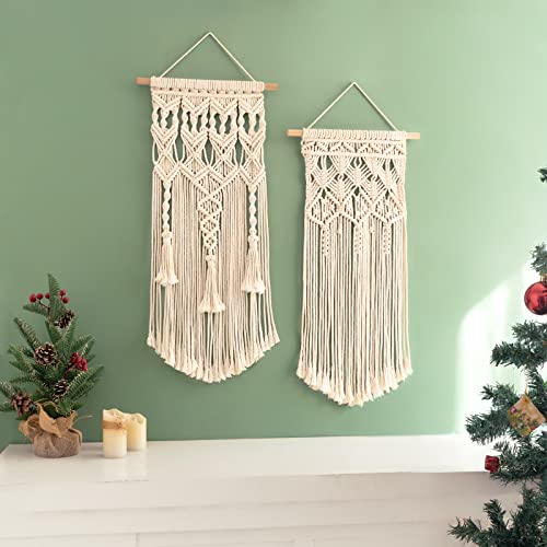 Boho Macrame Wall Hanging Set of 2 - Hand-Woven Ivory Cotton Tapestry Decor