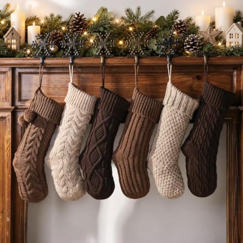 18 Inch Christmas Stockings Set of 6 - Neutral Earth Tone Cable Knit; White Brown Beige