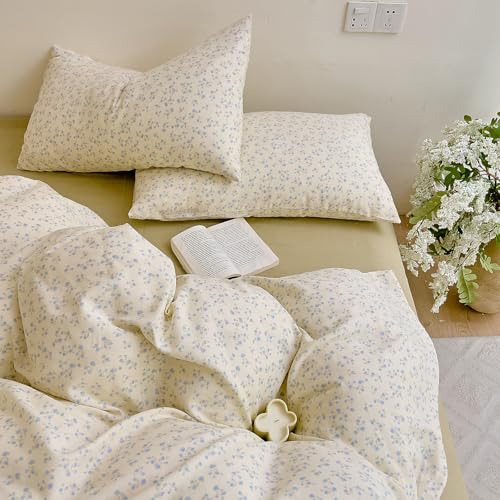 Blue Floral Twin XL Duvet Cover Set, Soft Cotton Double Gauze Bedding
