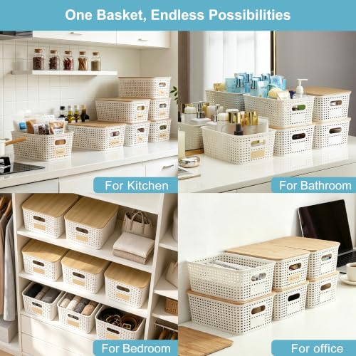 Small Plastic Storage Bins with Bamboo Lids Stackable 6-Pack Cream White