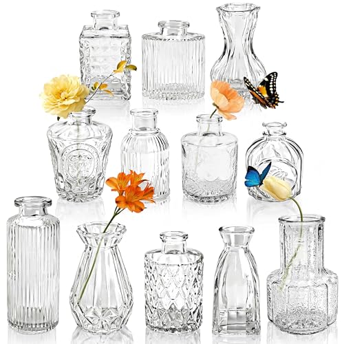 12-Pack Clear Glass Bud Vases - Small Fluted Vases for Wedding Centerpieces