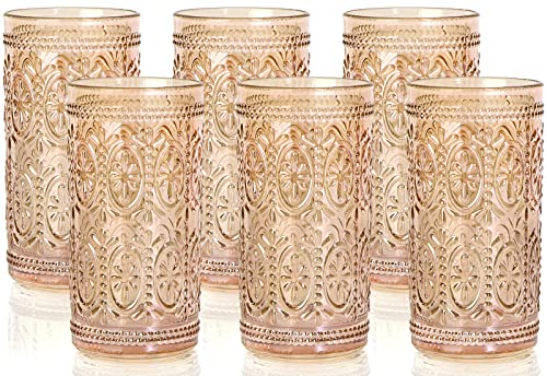 Darlion Amber 12oz Vintage Highball Glasses Set of 6 - Retro Crystal Clear Drinkware