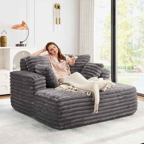 56-Inch Oversized Faux Fur Chaise Lounge Chair with Pillows, Grey