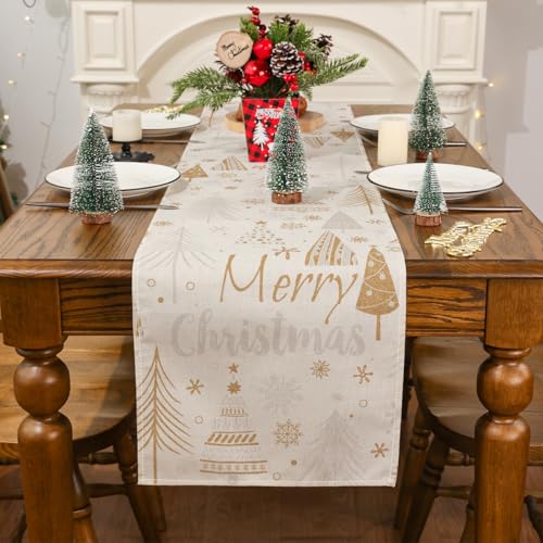 Siilues 13x108 Inch Merry Christmas Table Runner - 220 GSM Polyester Burlap Sturdy Fringed Edge