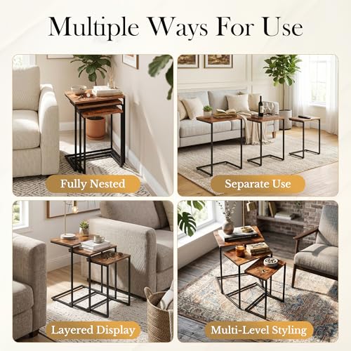 3-Piece Nesting End Table Set, C-Shaped Industrial Side Tables for Small Spaces