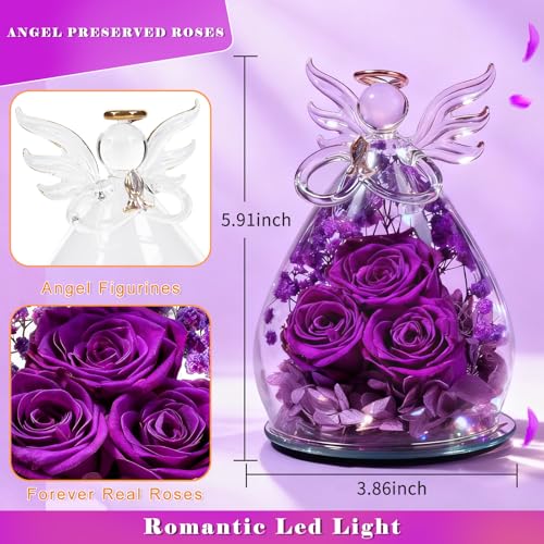 Preserved Real Rose Glass Angel Figurine with LED Lights - Gift for Mom