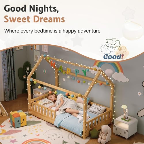 Solid Wood Twin House Bed for Kids with Guardrails and Playhouse Roof