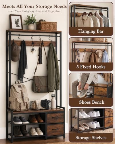 5-in-1 Industrial Hall Tree with Bench, Shoe Storage, and 2 Fabric Drawers