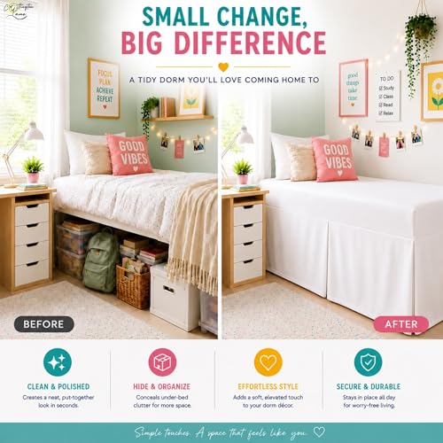 Twin XL Bed Skirt with 32 Inch Drop - Tailored Box Pleated Dorm Bedskirt, White