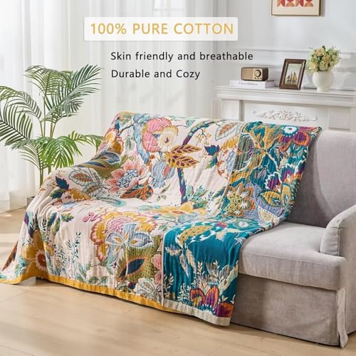 Boho Cotton Muslin Throw Blanket, Reversible Woven Farmhouse Bedspread 50x60