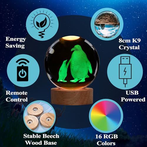 3D Penguin Crystal Ball Night Light with 16-Color LED Remote Control Base