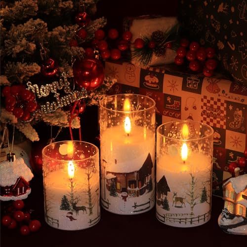 SNUGBLAKI White Snowman Flameless Christmas Candles with Remote, 3D Wick Real Wax in Glass