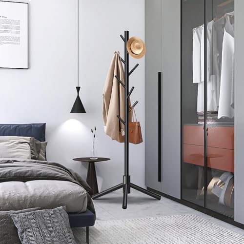 8-Hook Freestanding Wooden Coat Rack, 3 Adjustable Heights