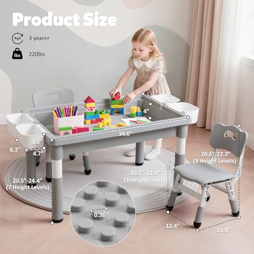 Kids Table and Chairs Set with Storage - Grey, Adjustable Height, 2 Chairs + 1 Table