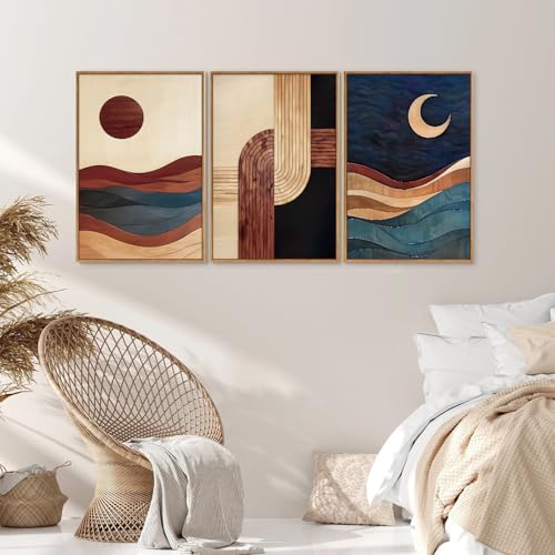 Boho Geometric Framed Canvas Wall Art Set - 3 Piece Sun and Moon Decor