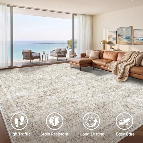 8x10 Area Rug, Washable Low-Pile Faux Cashmere Carpet for Living Room